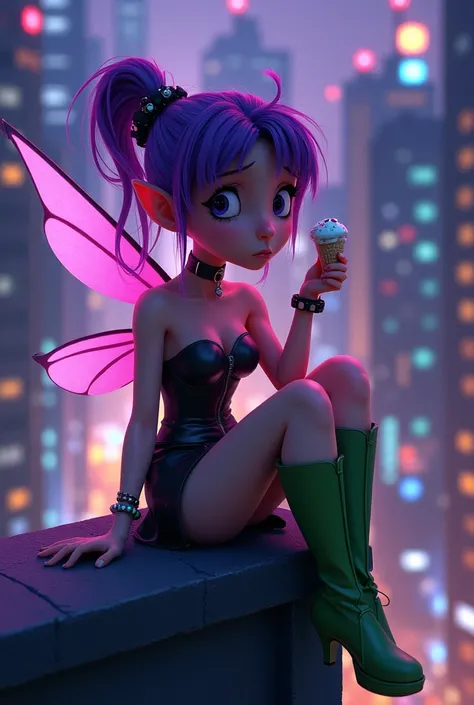 Pixar. The Purple Fairy in a leather mini skirt, corset and green high-heeled boots. She is sitting sad with a isecreem on the roof of a high-rise building. the lights of the night city. digital art. fantasy art.