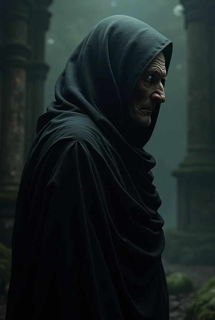 Profile of an evil old witch .  She wears a black robe with a black atmosphere