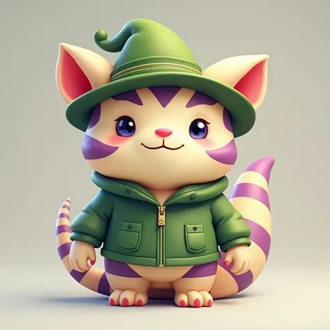  I need you to create a cream-colored monster with purple and red stripes, That I have green clothes with a hat and that it is Cejon . It must be cute . The coat color should be cream with purple and red stripes