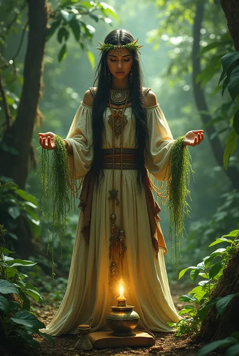 An indigenous woman healer holding herbs and leaves in the form of a magic film, place magic potions on the ground
