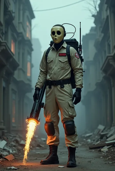 A cinematic medium shot of a tall and skin Ghostbuster character standing in a destroyed urban environment. The Ghostbuster is wearing a light beige one-piece uniform with functional pockets and belts. He has a Ghostbusters patch on the left chest. The Gho...