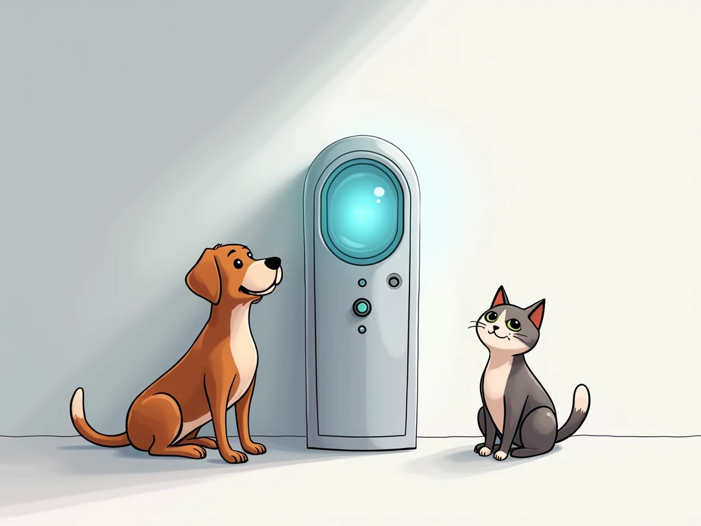 A sketch of a dog and a cat sitting patiently next to a futuristic, streamlined dispenser in a bright, clean space. The pets are drawn in a friendly, cartoony style, with soft lighting emphasizing their anticipation. The dispenser is central, glowing faint...