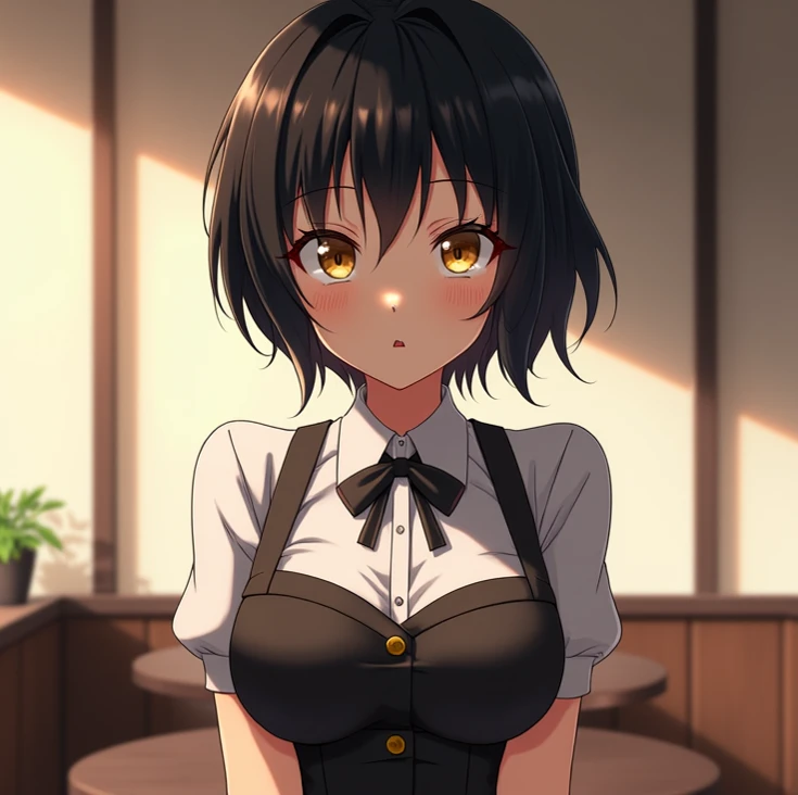 High Resolution, Anatomically Correct, Super Detailed, short black hair, Breasts, Yellow Eyes, Simple background, waitress, Anime Style, 