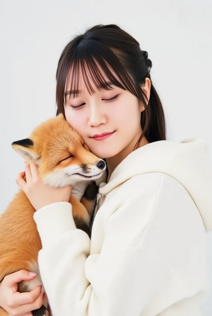 masterpiece, 4K, Bokeh, (Cute:1.5), ( beautiful girl:1.3), ( Japanese idol :1.6), (Fox ears:1.3) , ( white hoodie:1.3),  (I love foxes :1.6),  blushed,  cowboy shot , ( hug a cute sleeping fox :1.5), ( closes the eye:1.3), ( white background  :1.4), 