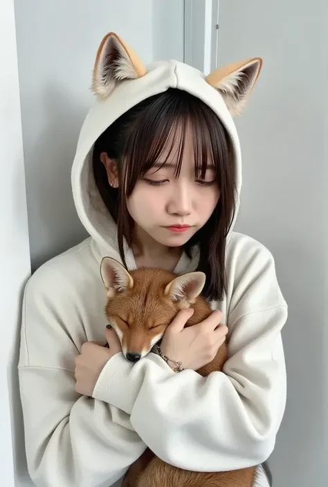 masterpiece, 4K, Bokeh, (Cute:1.5), ( beautiful girl:1.3), ( Japanese idol :1.6), (Fox ears:1.3) , ( white hoodie:1.3),  (I love foxes :1.6),  blushed,  cowboy shot , ( hug a cute sleeping fox :1.5), ( closes the eye:1.3), ( white background  :1.4), 