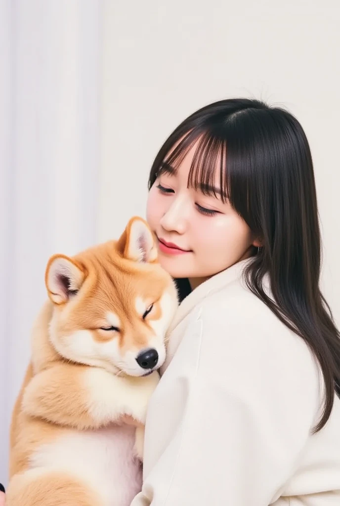 masterpiece, 4K, Bokeh, (Cute:1.5), ( beautiful girl:1.3), ( Japanese idol :1.6), ( dog ear:1.3) , ( white hoodie:1.3),  (I love Akita dogs :1.6),  blushed,  cowboy shot , ( hug cute sleeping Akita dogs :1.5), ( closes the eye:1.3), ( white background  :1....