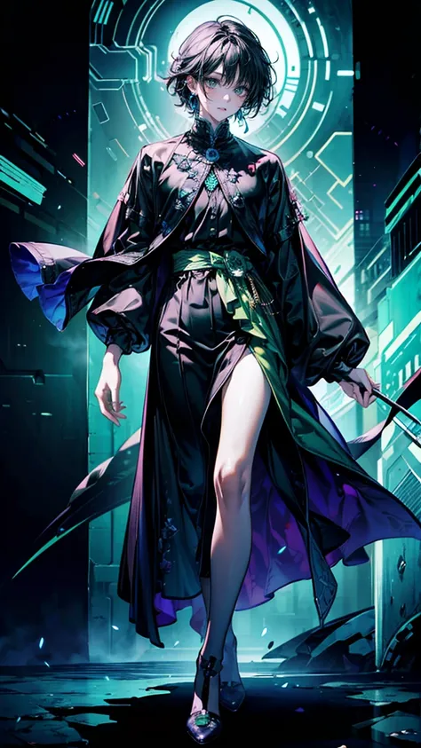 Full-body view, 8K resolution, high detail, around 20 years old, (one male), black hair with purple highlights, green eyes, sci-fi-style outfit, black attire with green accents, ((UHD, masterpiece, super detail, best quality, highres, 8k)), (detailed line ...