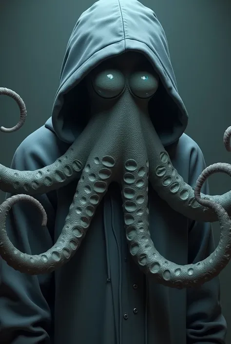 A very fear-looking octopus with blue eyes that looks like Cthulhu is wearing a hoodie and a priests uniform.
