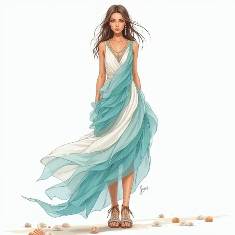  “Create a full-length sketch of a girl ,  inspired by the Sea Breeze theme .  prints The main element is a light ,  airy asymmetric dress ,  made of multi-layer transparent fabrics ,  resembling sea waves .  Use draperies and wavy lines ,  and add ,  insp...