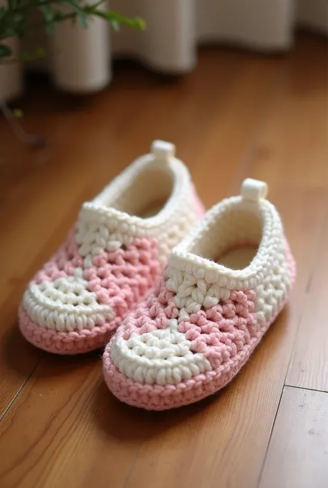 Nice flip flop slippers design crochet with wool trendy design on wool slippers and separate design white pink color full view pic full room view zoom out on floor 