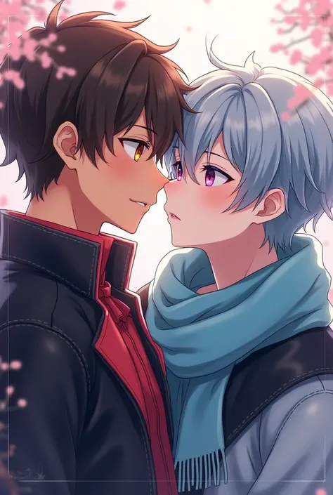 anime boy, dark brown hair color,  tanned skin,  yellow eyes , with black and red leather jacket. Junto a un anime boy adolescente, short light blue hair and black locks, purple and pink eyes .   white skin , sky blue scarf,  and light blue and black jacke...