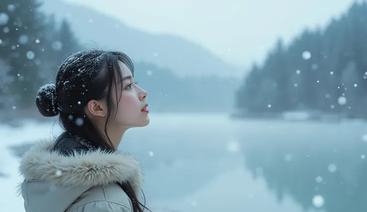 （Real reality：1.36）（ Winning Entries ）1 Girl，solo， Wear a simple and cool （masterpiece：1.2） take a picture of a frozen lake in winter ，Look up at 45 degrees ， to see the snowflakes in the sky ，Asian face， Exquisite facial features ， The whole body of the p...