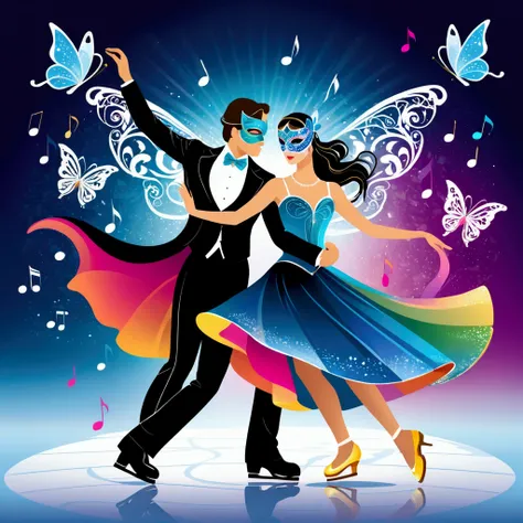 (effect of Musical staves and notes appear flowing on the screen, Lively and colorful music staves and notes flowing). skating rink, A dynamic pose, Dynamic movement, dancing on ice, Masquerade Ball, A masquerade on ice, Many gentlemen and ladies, Gentleme...