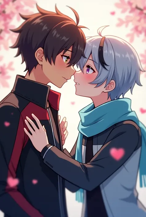 anime boy, dark brown hair color,  tanned skin,  yellow eyes , with black and red leather jacket. Junto a un anime boy adolescente, short light blue hair and black locks, purple and pink eyes .   white skin , sky blue scarf,  and light blue and black jacke...