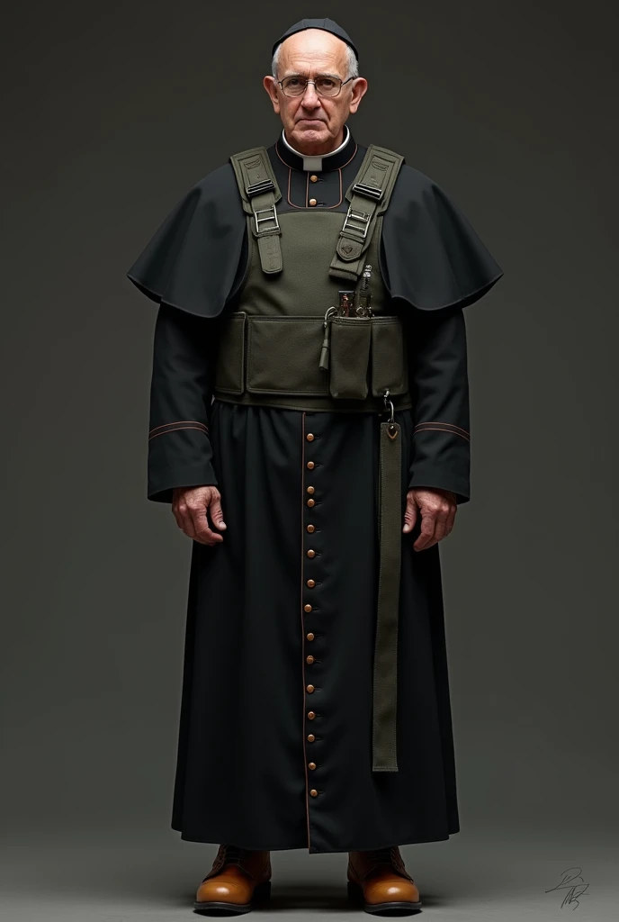 Pope Francis wears black clothing and camel-colored delta boots and wears a bulletproof vest and with a black montera cap and 