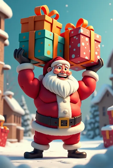 3d cartoon muscular father Xmas, lifting presents