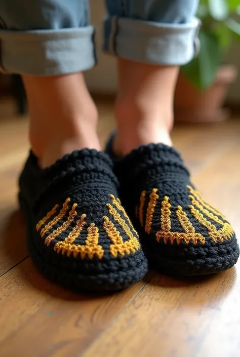 Nice flip flop slippers design crochet with wool trendy design on wool slippers and separate design black golden color full view pic full room view zoom out on floor 