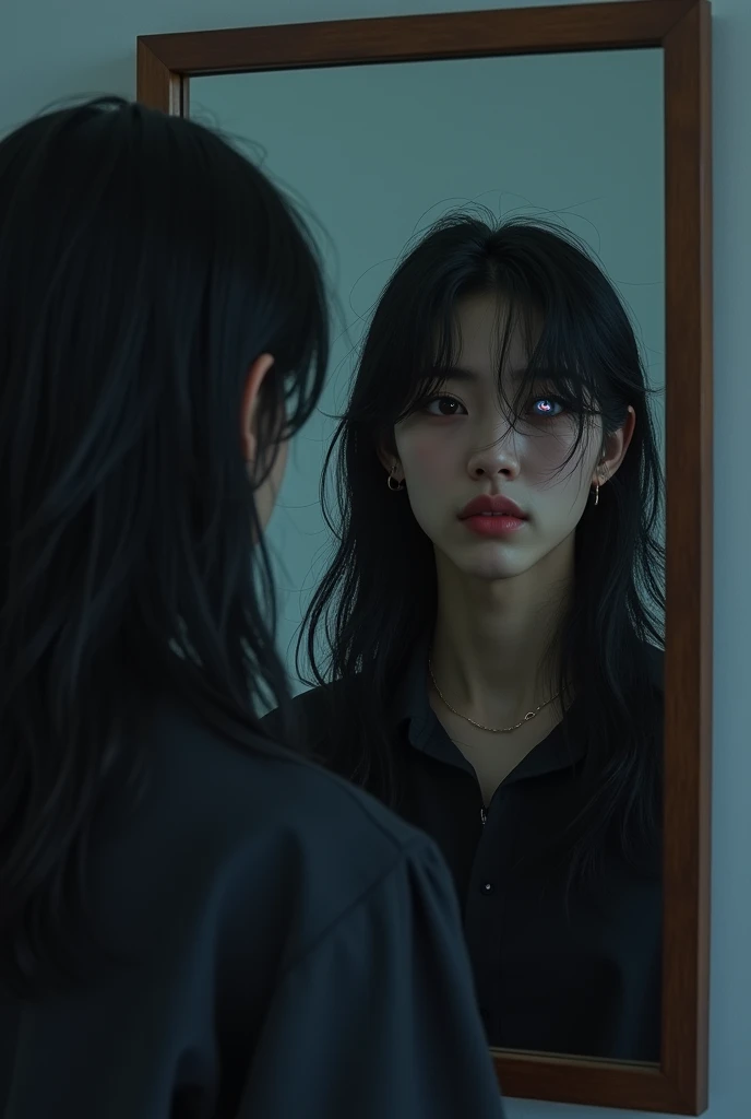 Wooyoung from Ateez with long black hair looking in the mirror,  where his reflection is the same only with black wings and red eyes 