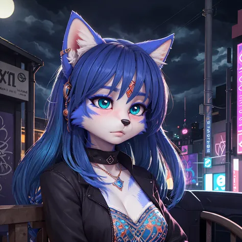 ((krystal)), Star Fox-Krystal, lovable, green eyes, ((( Long blue hair 1 .3))), Decollete, anthro, Fuzzy,  detailed Fluffys fell,  detailed face , (Fluffy),  1 girl, ,woman, Goth, green eyes, undercut, ultra-realistic 8k cg ,  masterpiece, (( ultra-detaile...