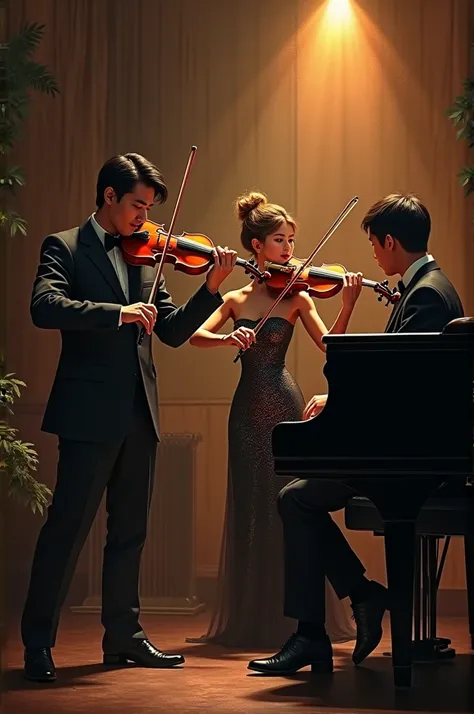 Create a picture for a musical trio formed by a guy violinist,  a girl flutist And a guy pianist 