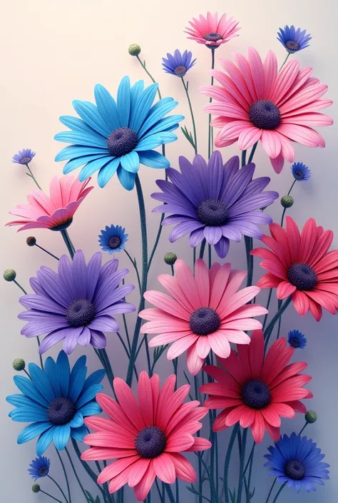 Aesthetic wallpaper designed with colored daisies,navy blue,cyan,purple,pink and red