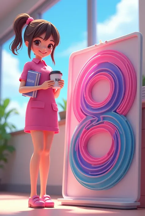 render a cute 3d anime  lady  teacher girl wearing a PINK uniform attire and she is standing beside on a beautiful large nametag and KASHEDAIME name on the tag and the name is wriiten on 3d WITH A BRIGHT PINK, BLUE AND PURPLE SWIRL, she is holding a cup of...