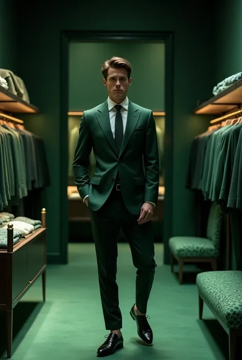 man wearing a dark green formal outfit in a dark green fashion store