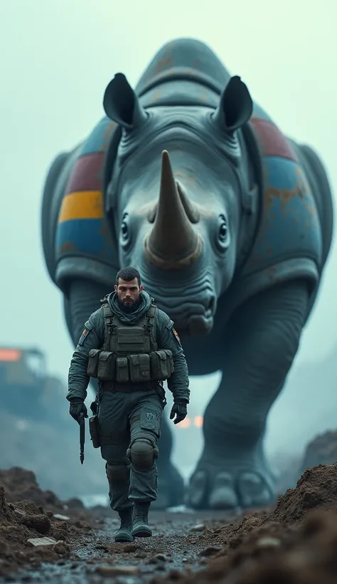 : "A soldier in full tactical gear walking alongside a giant armored rhinoceros. The rhino’s armor is emblazoned with a small country flag. Cinematic perspective, rugged battlefield environment with destroyed vehicles and smoke in the background, high cont...