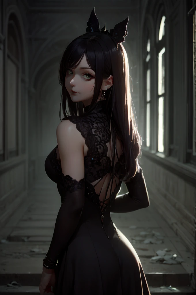 ((best quality)), (( Masterpiece)), (detailed), (4k), (8K), 1girl, Beautiful anime girl,  beautiful face ,  shiny skin and face , make-up, smile,  big, aesthetic eyes , ( bright eyes ),  intimidating look, aesthetic hands,  detailed hair , dark dress, , lo...