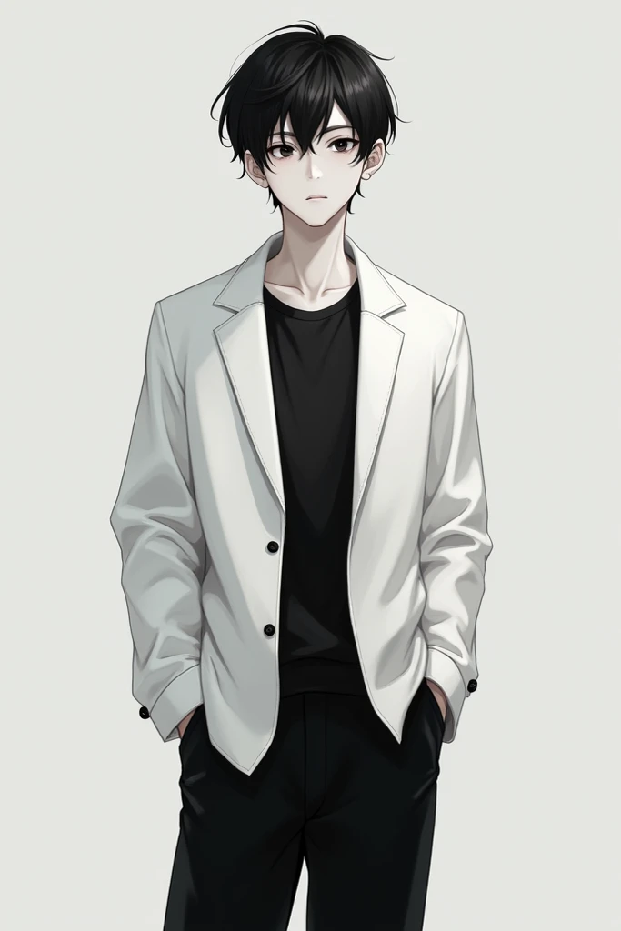 Black hair medium length, 165 cm tall, white skin, slim body, clueless expression, black eyes, White jacket, black long pants, black inner T-shirt, male