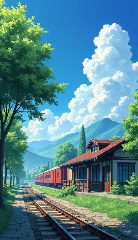 a painting of a train station with a train on the tracks, anime scenery, beautiful anime scene, beautiful anime scenery, anime background art, train station background, anime background, anime countryside landscape, anime landscape, anime vibes, train stat...