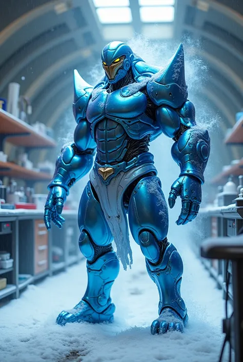 Create Mortal Kombat style: a shimmering neon blue metallic cyborg with platinum details exuding ice in a snowy laboratory