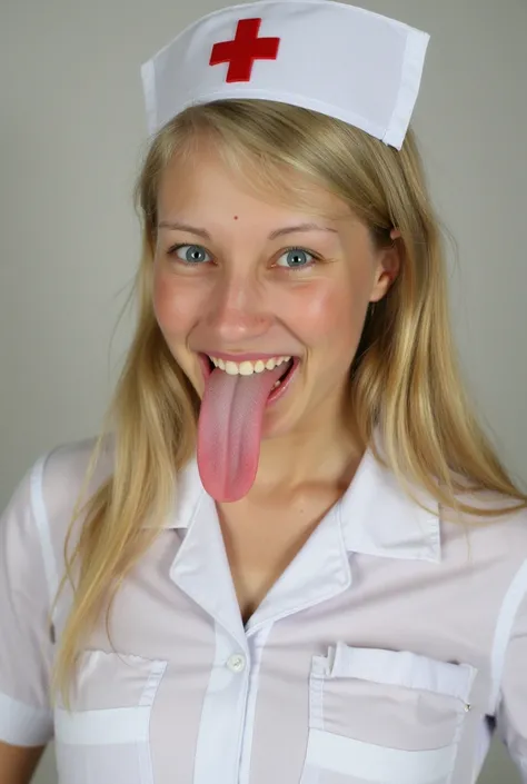 Portrait photo of a mashup with blond hair dressed as a nurse in a sperm bank, shows a long tongue