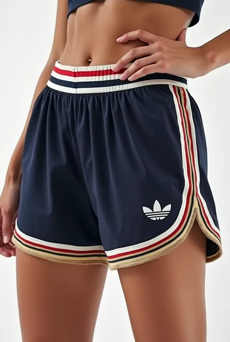 Retro Athletic Shorts
Style: High-rise shorts with thick striped trim along the edges for a vintage sporty vibe.
Colors: Navy with white stripes, red with black stripes, or mint with yellow stripes.
Logo Placement: Centered on one leg.