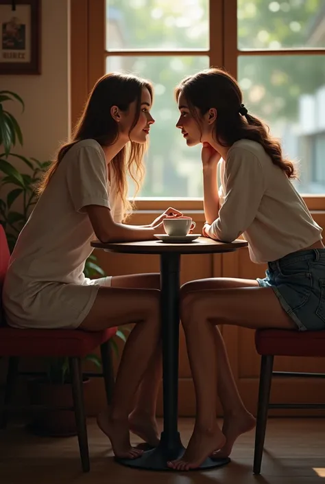 Realistic photo, 40-yo and 18-yo girls  kissing in coffee shop, both barefoot and touching with their feet