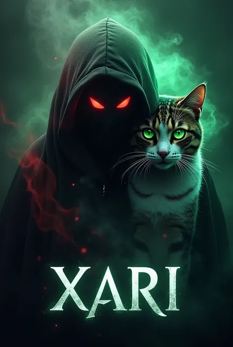 high quality, 8k ULTRA HD, Logo, Cat with green eyes on right side, nice Phantom ghost with red eyes on left hooded, Ghost is has smoke around their head, text underneath logo that says "XARI" magical looking
