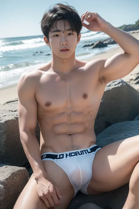 A  boy on the beach, Shirtless, Wearing white jock strap,Smooth skin,, junior school student, Differential crushing cap, rough breath, Black hair, Messy hair, modern, Eye level shots, hyper HD, Masterpiece, ccurate