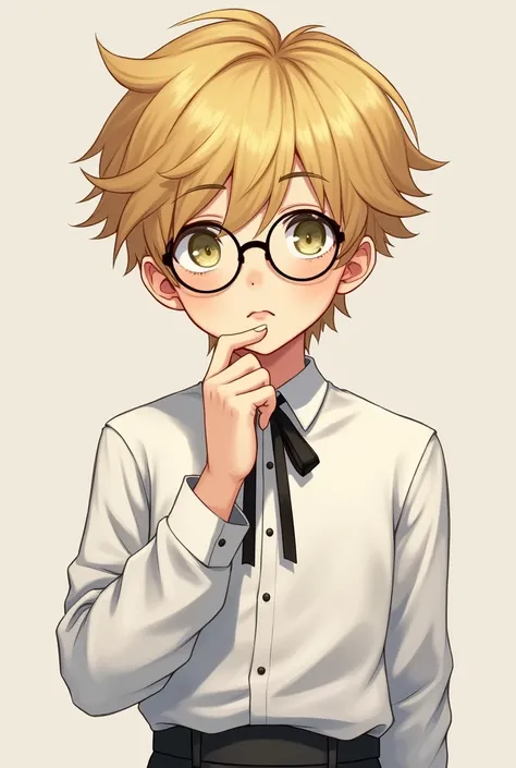 Golden-haired boy wearing a white shirt, long sleeves, folding sleeves, slacks, two-block hairstyle, about , wearing glasses, riban, black sunblock