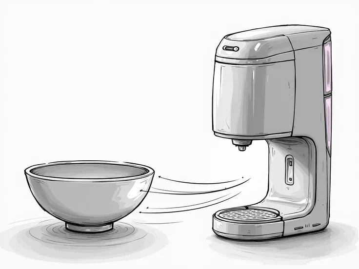 A dynamic black-and-white sketch of the dispenser detecting an empty bowl and activating. The bowl is shown empty, with a faint glow or movement lines indicating the system coming to life. The dispensers illuminated details add a futuristic touch.