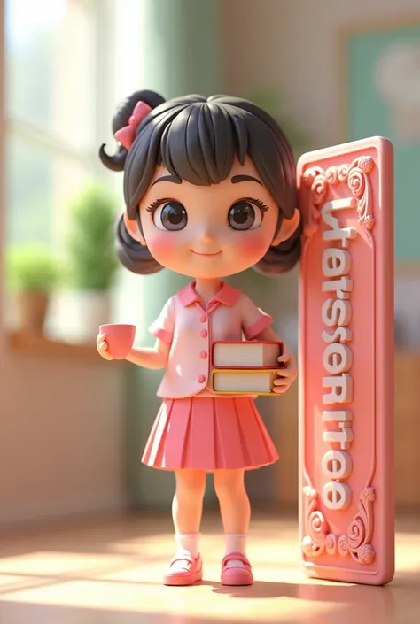 render a cute 3d anime lady Teacher girl wearing a PINK uniform attire and she is standing beside on a beautiful large nametag and KASHEDAIME name on the tag and the name is wriiten on 3d. she is holding a cup of coffee and books