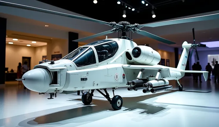 a sleek white  Boeing AH-64E Apachew with showroom