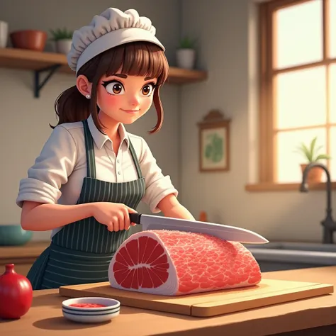 A female chef in a striped apron, wearing a work uniform, holds a sharp kitchen knife, cutting a large tuna fish on a cutting board, the fish taking up 40% of the frame, one half of the tuna is cut into thin, neatly arranged slices, warm lighting, 3D carto...