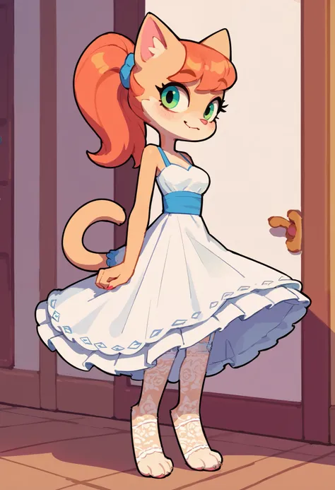 The Q version of the cute furry cat, anthro, female puppy, slim girl, female body, woman, female, dress, paws, garter belts, lace stockings, ((Flirty))