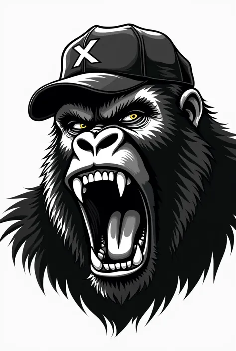 Design a face of a screaming gorilla imposing respect in black and white in vectors for editing . Must have a cap on his head  