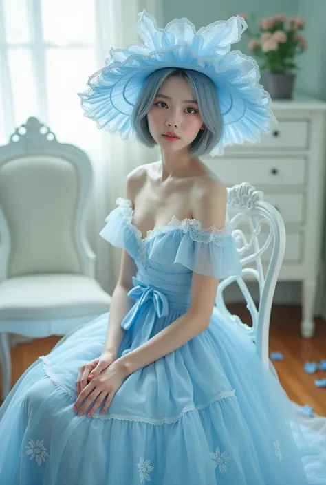 asian girl 18 years, A graceful in an elaborate light blue dress with intricate lace detailing and layered frills. She has short grayish-blue hair styled elegantly and wears a matching large-brimmed hat adorned with ruffles. The scene is set in a brightly ...