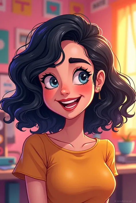  I want to create a cartoon of my streamer boyfriend,  she is medium curly black hair , She has abundant eyebrows ,  she has medium white skin  