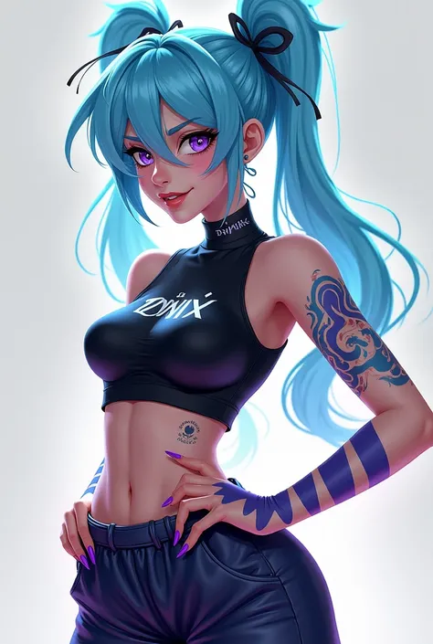 Tall thinnish Woman around 18 years old. Posing funwith long light blue tied into a messy bun. Black Compression shirt with hints of Blue and Purple and Baggy pants. Arcane Jinx style