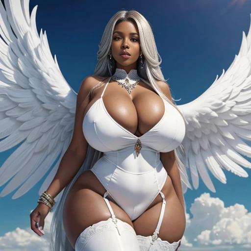 A gorgeous busty black milf with long hair, enormous huge gigantic round tits, looking like a white/silver angel, in the sky