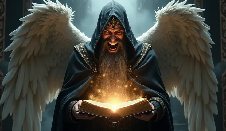 King with a black hoodie with hair and a long beard with angel wings and his golden crown with an insane smile wide open and dark on his face looking at an open book in his hands, divine lights coming out of it