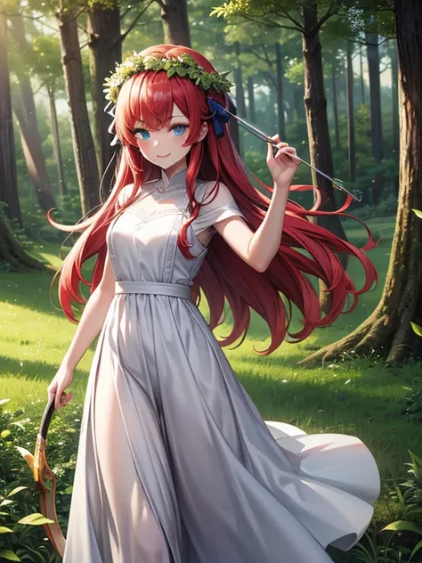 1 girl,  long white Greek dress, wreath of green leaves , red hair, blue eyes , bow and arrow, white skin ,  calm look,  little smile ,(( forest in the background)),(High quality 4k))